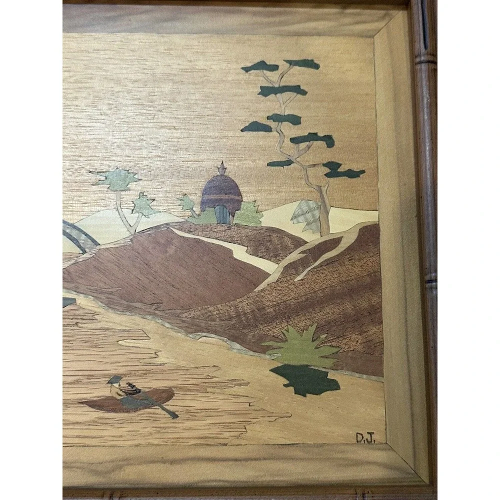 2 Pc Asian Mid Century Modern Framed Wood Cut Out Inlay Wall Art